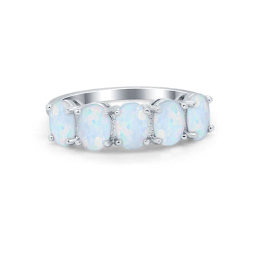 Lab Created White Opal Oval Band Ring Round 925 Sterling Silver